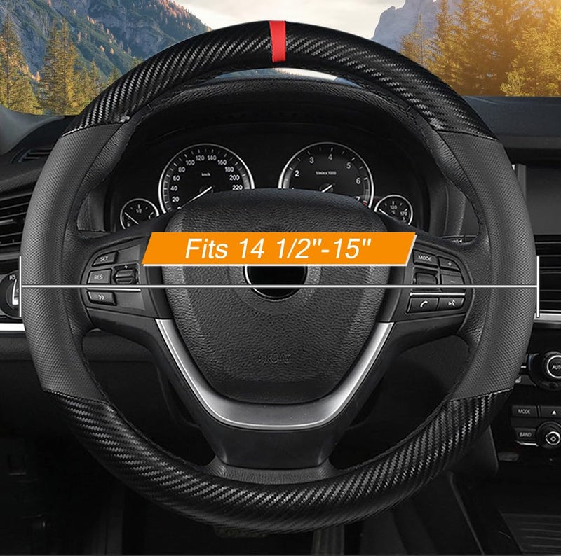 KAFEEK Car Steering Wheel Cover Men, Universal 15 inch, Microfiber Leather Carbon Fiber Black Steering Wheel Accessories, Anti-Slip, Odorless, Breathable, Black - Image 2